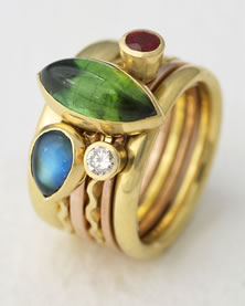 'Stacking Ring multi-stone' with green Tourmaline, blue Moonstone, Ruby and diamond